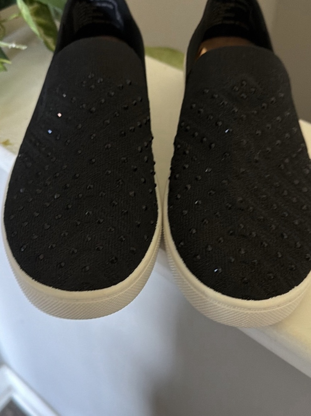 White Mountain Black Slip-On Knit Sneakers with Embellished Upper